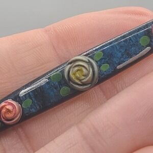 Vintage Celluloid Bar Brooch‎ Blue Flowers Painted